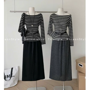 TRIANGLE - Sweet Set (Cân nhắc kỹ, return is not welcomed) - Set len 3 chi tiết với áo kẻ ngang và chân váy kèm belt