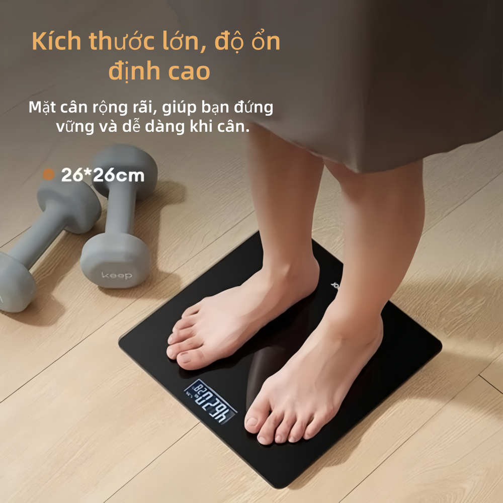 Cân điện tử với mặt kính cường lực bền bỉ kích thước lớn cân nặng ổn định và chính xác.
