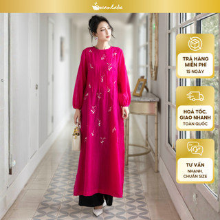 SWANLAKE | Áo Dài Cách Tân Nữ Dáng Suông Cổ Tròn Tay Dài Vải Xốp Hàn Thêu Hoa Thanh Lịch Tết L13138
