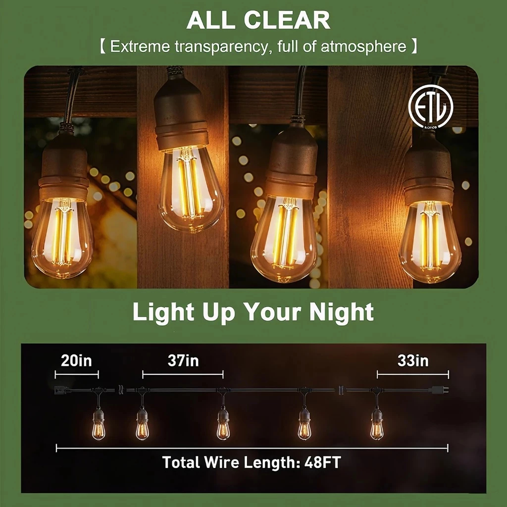 S14 Dây Đèn Trang Trí Ngoài Trời 2 Watt, Bóng Đèn Chống Nước+3000K Ánh Sáng Ấm Áp, Treo Thả Sân Vườn Quán Cà Phê