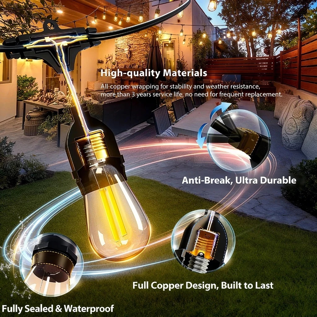 S14 Dây Đèn Trang Trí Ngoài Trời 2 Watt, Bóng Đèn Chống Nước+3000K Ánh Sáng Ấm Áp, Treo Thả Sân Vườn Quán Cà Phê
