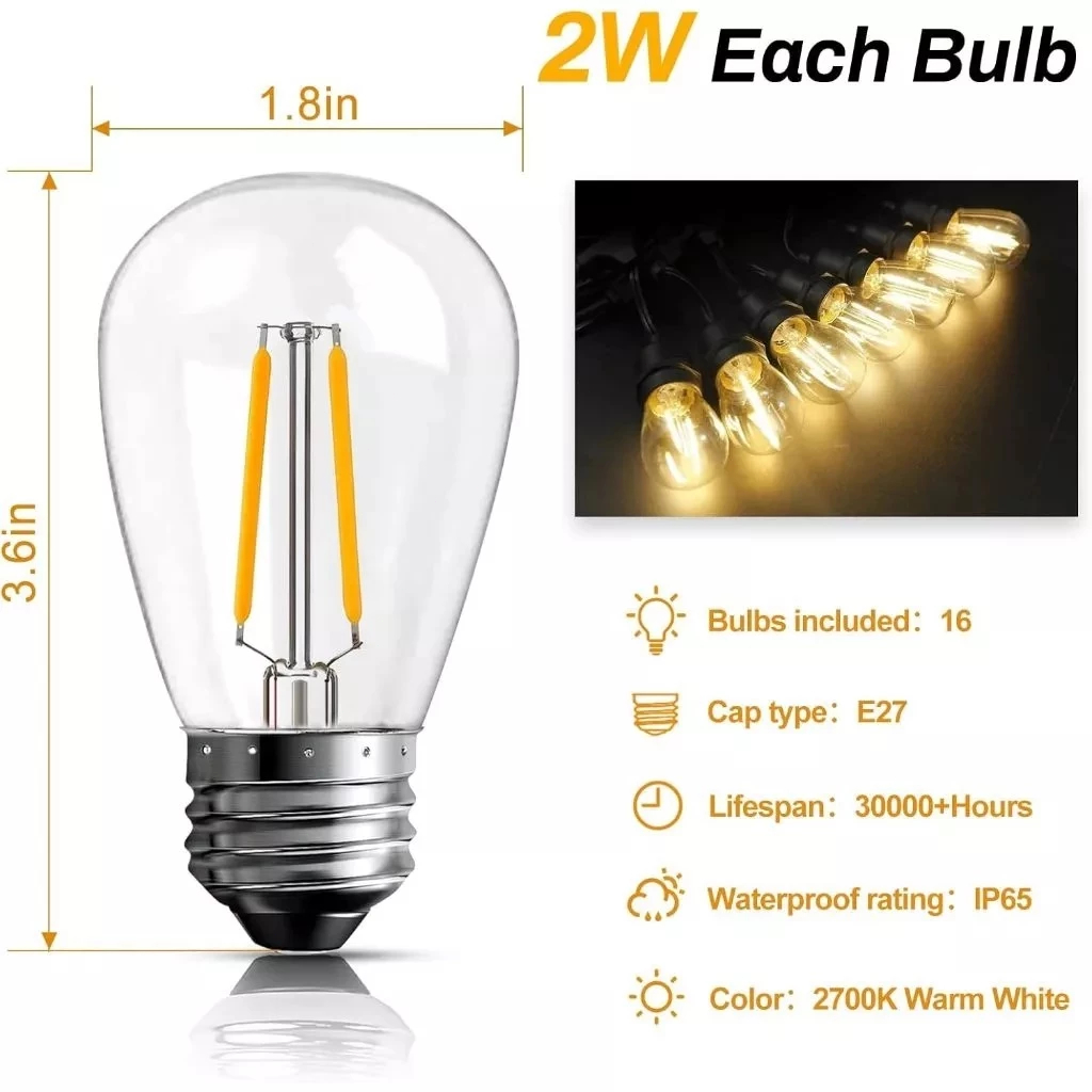 S14 Dây Đèn Trang Trí Ngoài Trời 2 Watt, Bóng Đèn Chống Nước+3000K Ánh Sáng Ấm Áp, Treo Thả Sân Vườn Quán Cà Phê