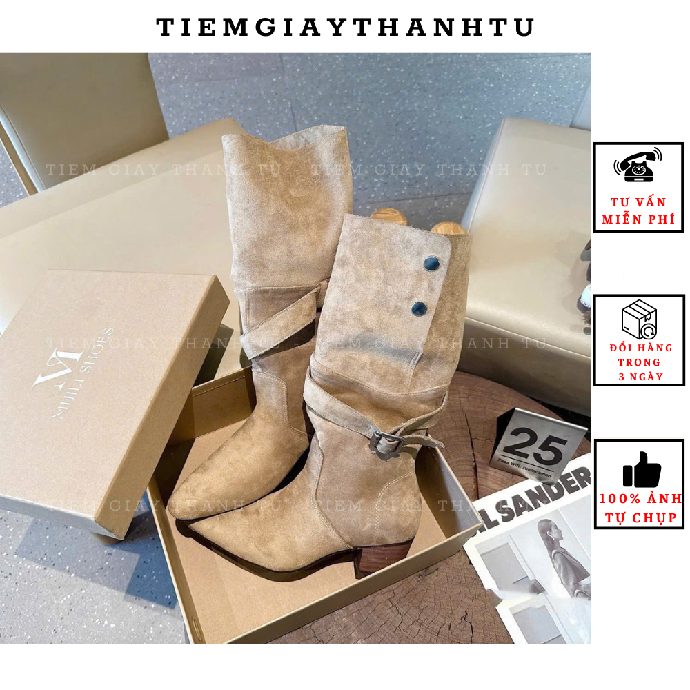 1 FOM TO Boot Lửng MIIjILI Nữ Da Lộn Kiểu Cowboy Cổ Gập Khoá Gài Gót Trụ Vintage Hàn Quốc