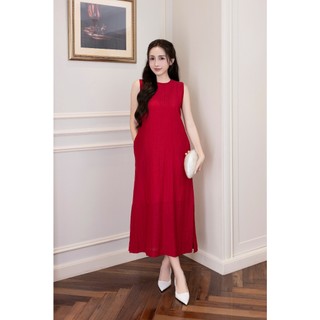 SWANLAKE | Váy Đầm Phom Suông Trơn Xẻ Tà Sát Nách Cổ Tròn Tơ Dập Ly Lót Cotton Thanh Lịch D11719