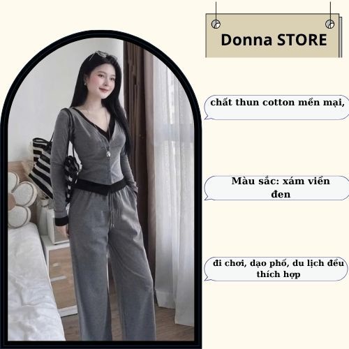 Set đồ nữ, đồ bộ nữ DONNA HCOM26544 thu đông 3 chi tiết áo thun xám mix quần suông dài trẻ trung