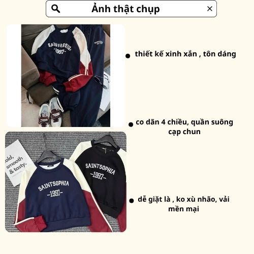 Set đồ nỉ nữ DONNA HCOM3311 thu đông cổ tròn phối 2 màu đỏ trắng, đồ bộ nữ phong cách Hàn Quốc