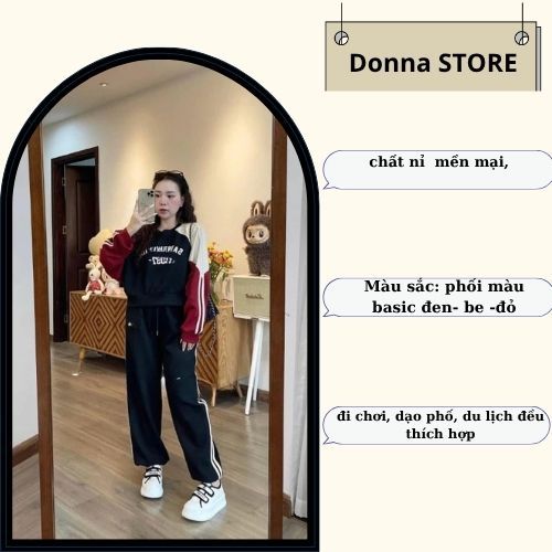 Set đồ nỉ nữ DONNA HCOM3311 thu đông cổ tròn phối 2 màu đỏ trắng, đồ bộ nữ phong cách Hàn Quốc