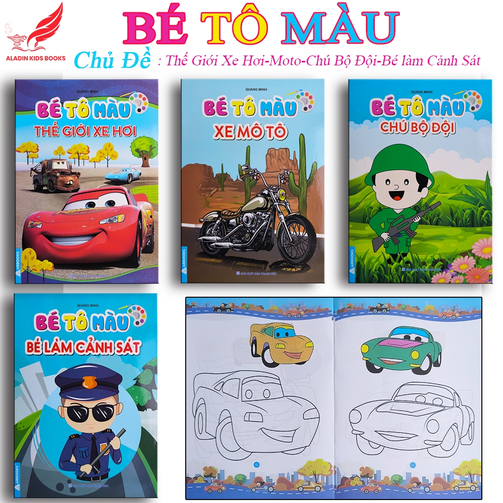 Sách-Bộ 4 Quyển Bé Tô Màu Chủ Đề Xe Hơi – Xe Mô Tô – Chú Bộ Đội – Bé Làm Cảnh Sát