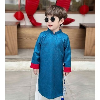 Sét áo Dài cách tân cho bé trai mặc tết, bộ áo dài nam chất lụa gấm in hình lân chất gấm 2 da đẹp mặc tết DA10- BEEKIDS