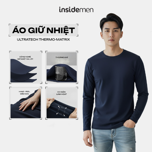 Áo Thun Giữ Nhiệt Nam Xanh Tím Than Insidemen Thoáng Khí Mềm Mịn Co Giãn Body Fit ILT025EDP01