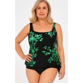 Áo bơi nữ tankini dáng suông che bụng, nền đen họa tiết xanh lá – co giãn 4 chiều, nhanh khô hàng VNXK