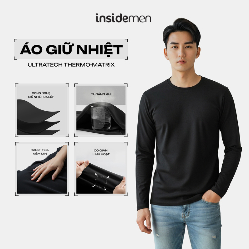 Áo Thun Giữ Nhiệt Nam Đen Insidemen Thoáng Khí Mềm Mịn Co Giãn Body Fit ILT025EDP01