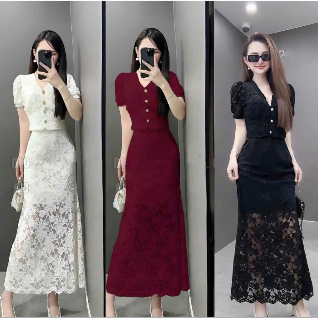 Sét Đầm Ren Tay Lỡ Cổ Tim Nút Ngọc – Thiết Kế Sang Trọng, Tôn Dáng, Ren Cao Cấp