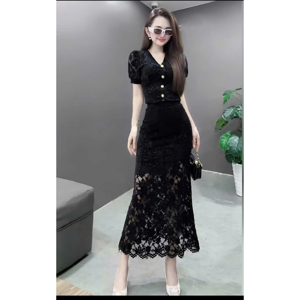 SÉT ĐẦM REN CỔ V NÚT NGỌC ĐUÔI CÁ – THANH LỊCH, QUYẾN RŨ, SANG TRỌNG