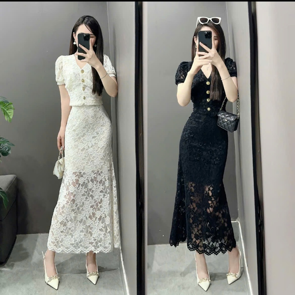 Sét Đầm Ren Tay Lỡ Cổ Tim Nút Ngọc – Thiết Kế Sang Trọng, Tôn Dáng, Ren Cao Cấp