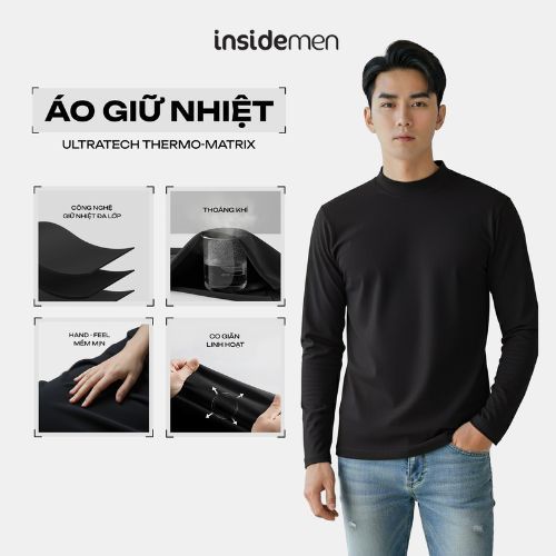 Áo Thun Giữ Nhiệt Nam Đen Insidemen Thoáng Khí Mềm Mịn Co Giãn Body Fit ILT026EDP01