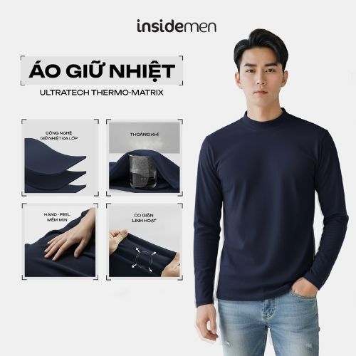 Áo Thun Giữ Nhiệt Nam Xanh Tím Than Insidemen Thoáng Khí Mềm Mịn Co Giãn Body Fit ILT026EDP01