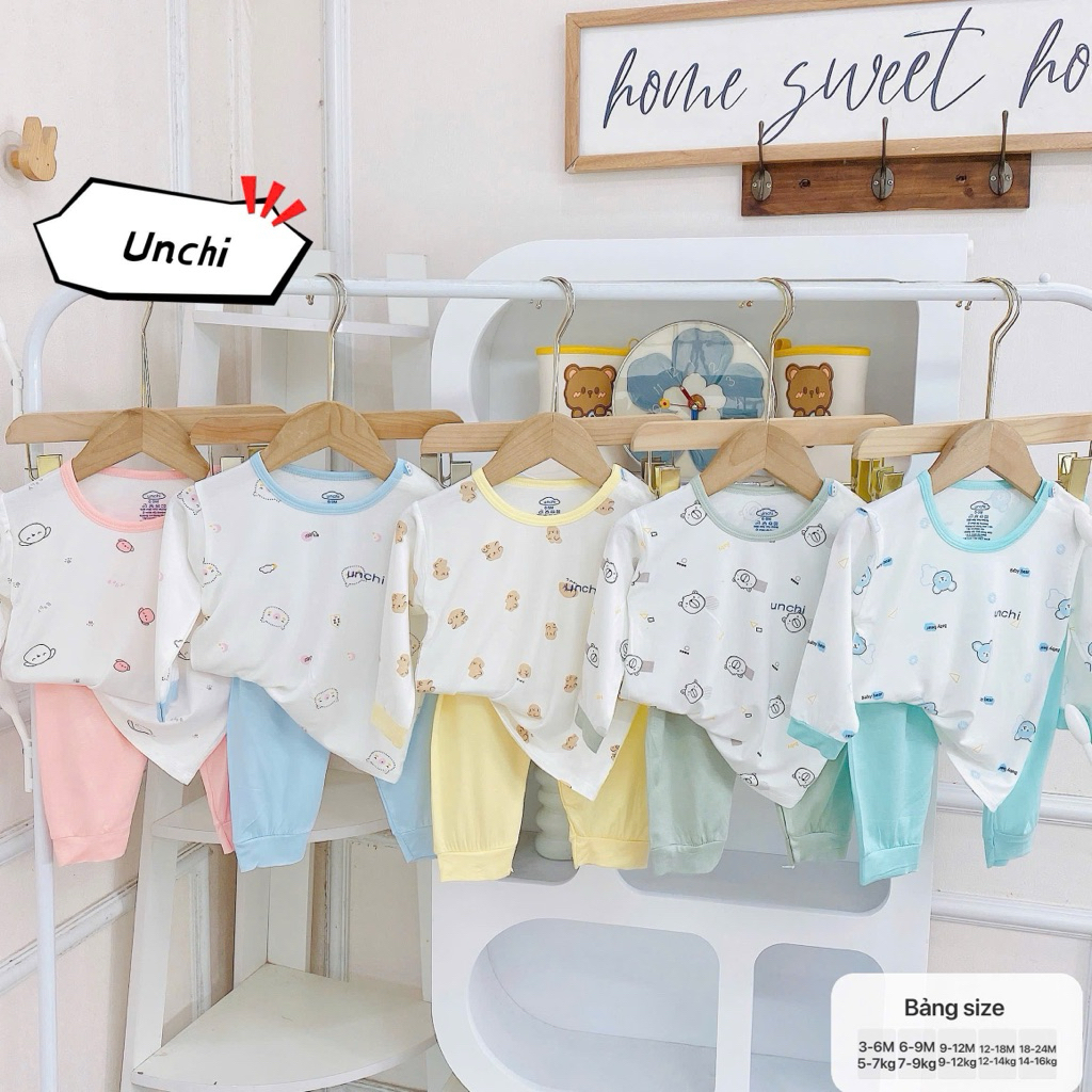 (SET 1-3) Bộ sơ sinh dài tay CÀI VAI Unchi, áo trắng phối quần màu, vải petit cho bé yêu từ 5-15kg