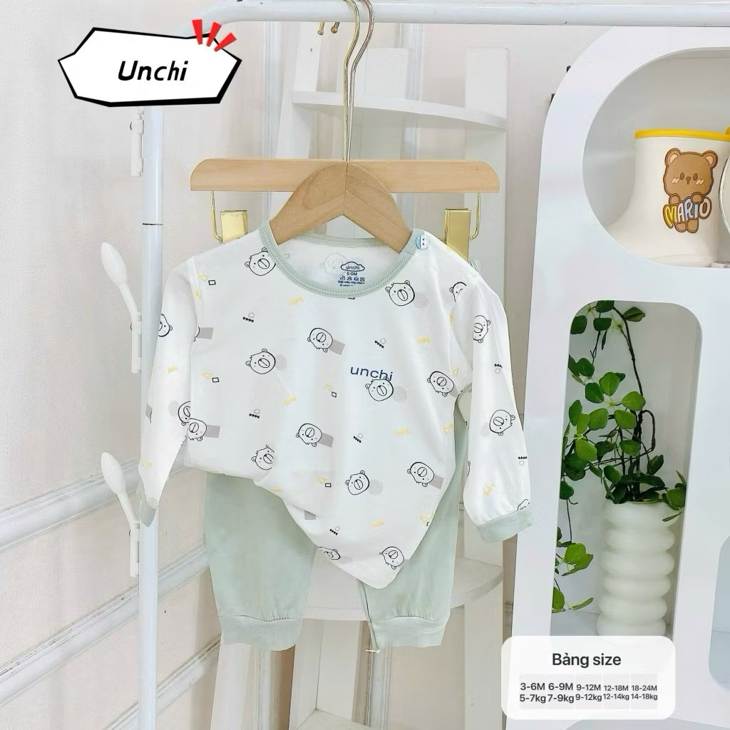 (SET 1-3) Bộ sơ sinh dài tay CÀI VAI Unchi, áo trắng phối quần màu, vải petit cho bé yêu từ 5-15kg
