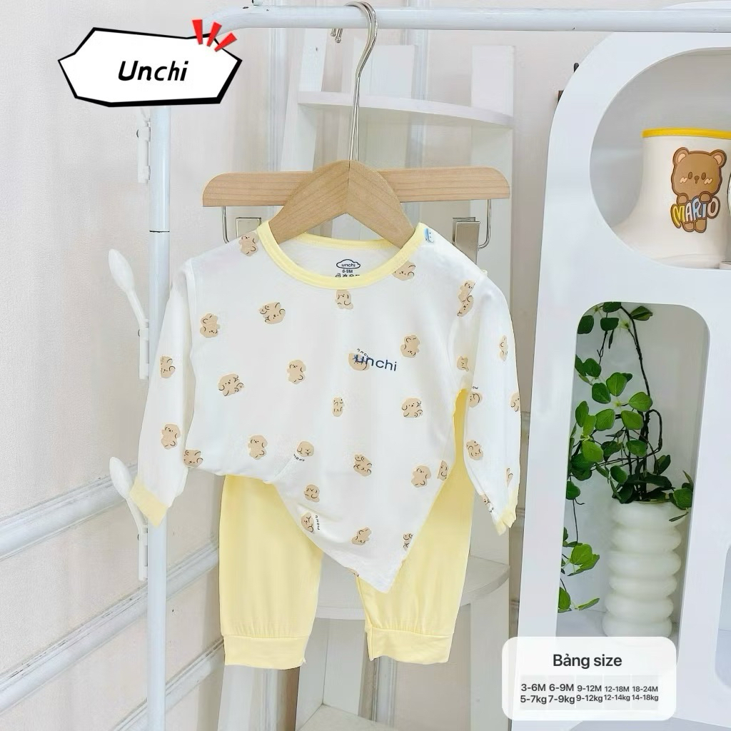 (SET 1-3) Bộ sơ sinh dài tay CÀI VAI Unchi, áo trắng phối quần màu, vải petit cho bé yêu từ 5-15kg
