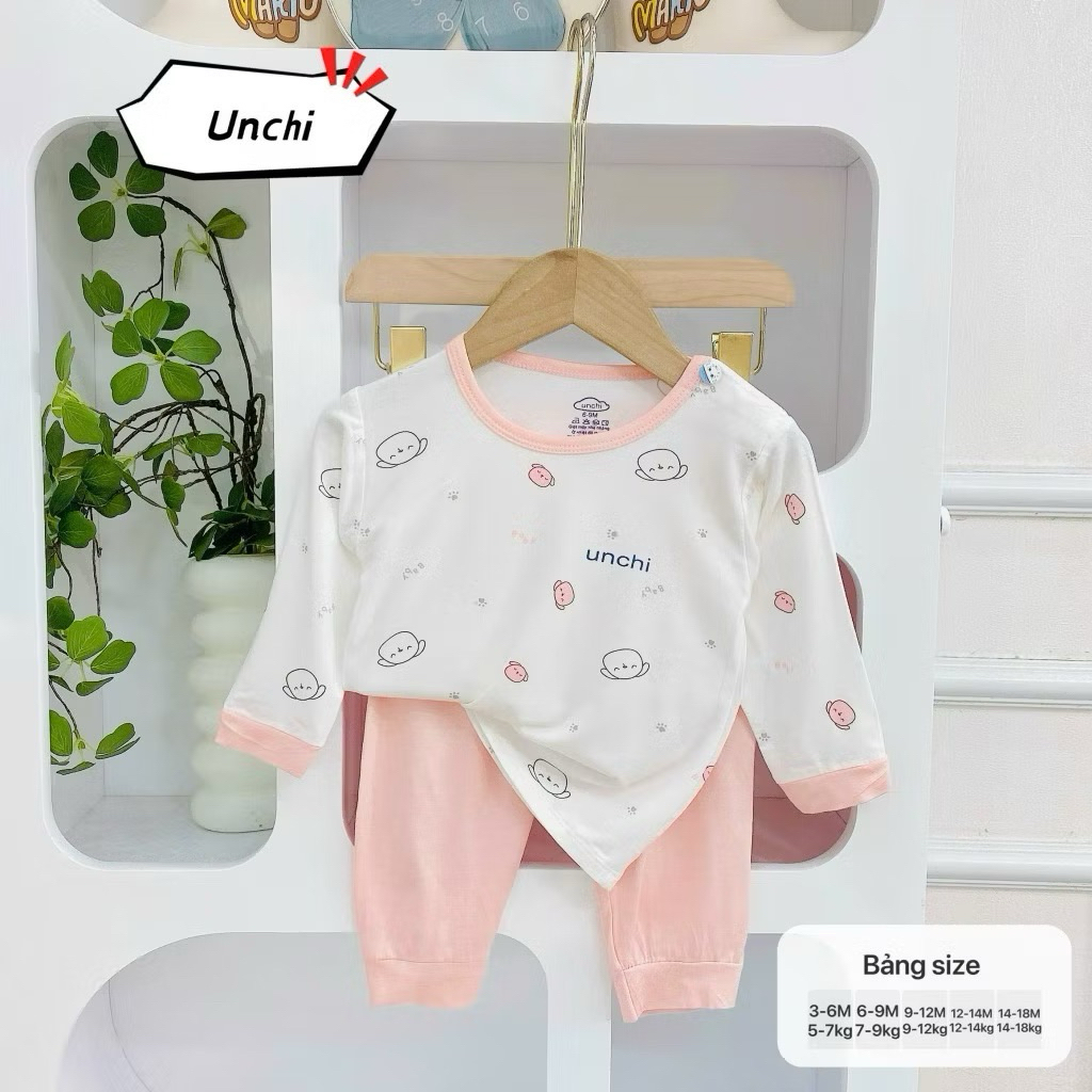(SET 1-3) Bộ sơ sinh dài tay CÀI VAI Unchi, áo trắng phối quần màu, vải petit cho bé yêu từ 5-15kg