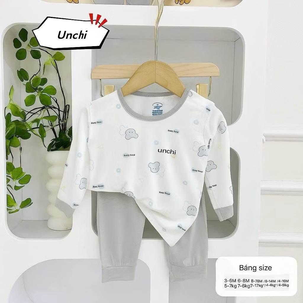 (SET 1-3) Bộ sơ sinh dài tay CÀI VAI Unchi, áo trắng phối quần màu, vải petit cho bé yêu từ 5-15kg