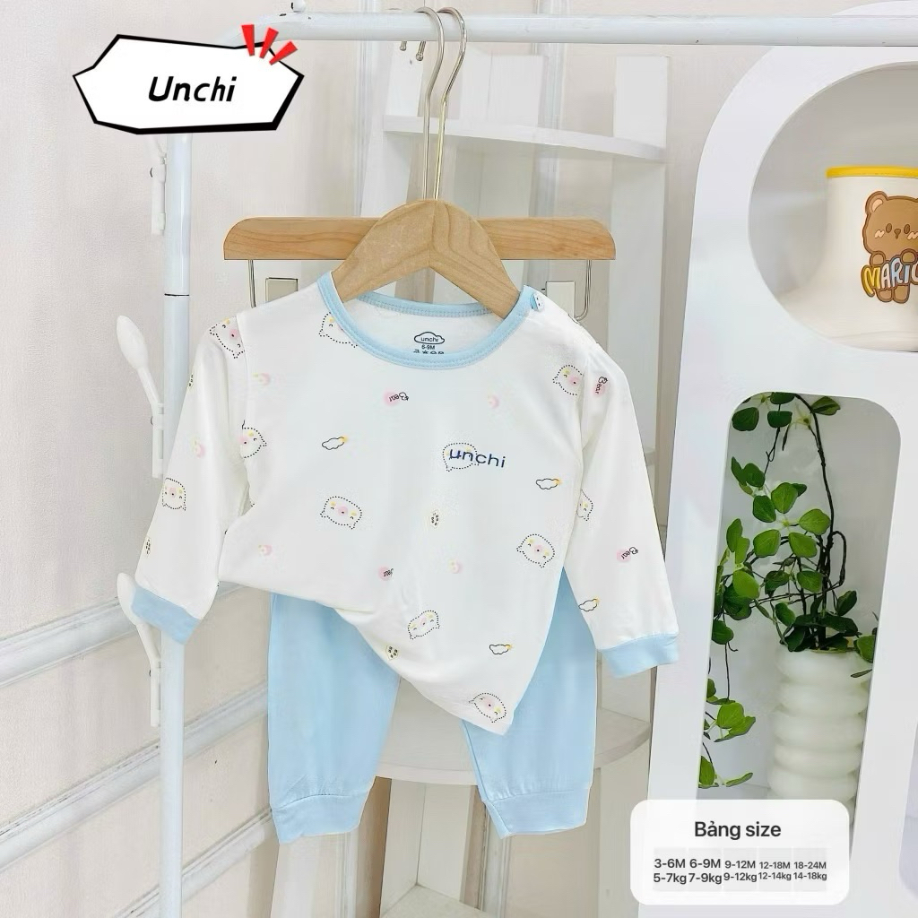 (SET 1-3) Bộ sơ sinh dài tay CÀI VAI Unchi, áo trắng phối quần màu, vải petit cho bé yêu từ 5-15kg