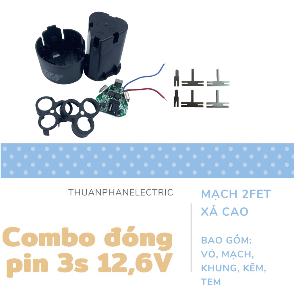 Combo đủ phụ kiện vỏ mạch đóng pin tam giác 3s 12.6V, mạch 2fet xả cao có cảm biến nhiệt ừ