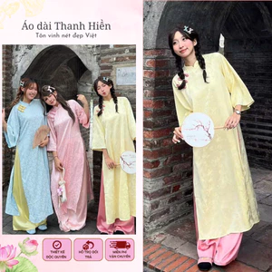 Áo dài lụa gấm phối họa tiết chìm đính cúc sò dịu dàng nữ tính phù hợp các dịp lễ Tết 2026 (AK19) Áo dài Thanh Hiền