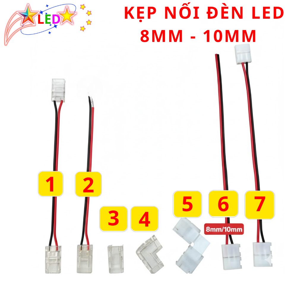 Combo 5 Kẹp Đầu Nối LED 8mm - 10mm Chất Liệu Nhựa Trong Suốt Lõi Kim Loại Dây Đỏ Đen Tiện Lợi Lắp Đặt