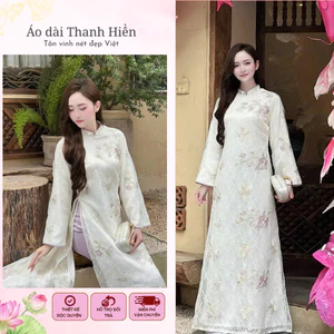 Áo dài dáng suông tơ ren 2 lớp thêu hoa tinh tế nhẹ nhàng, áo dài Tết 2026 4 tà nhã nhặn Áo dài Thanh Hiền (AK20)