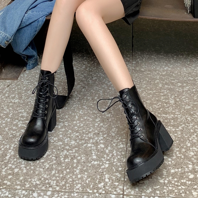 Boots Bốt nữ da cao gót 8cm cổ ngắn đế platform buộc dây phong cách Hàn Quốc cá tính, nổi bật mọi outfit BT112