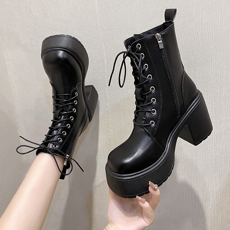 Boots Bốt nữ da cao gót 8cm cổ ngắn đế platform buộc dây phong cách Hàn Quốc cá tính, nổi bật mọi outfit BT112