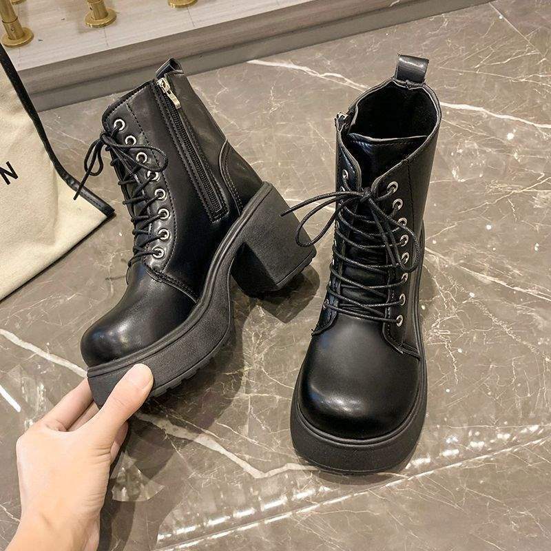 Boots Bốt nữ da cao gót 8cm cổ ngắn đế platform buộc dây phong cách Hàn Quốc cá tính, nổi bật mọi outfit BT112
