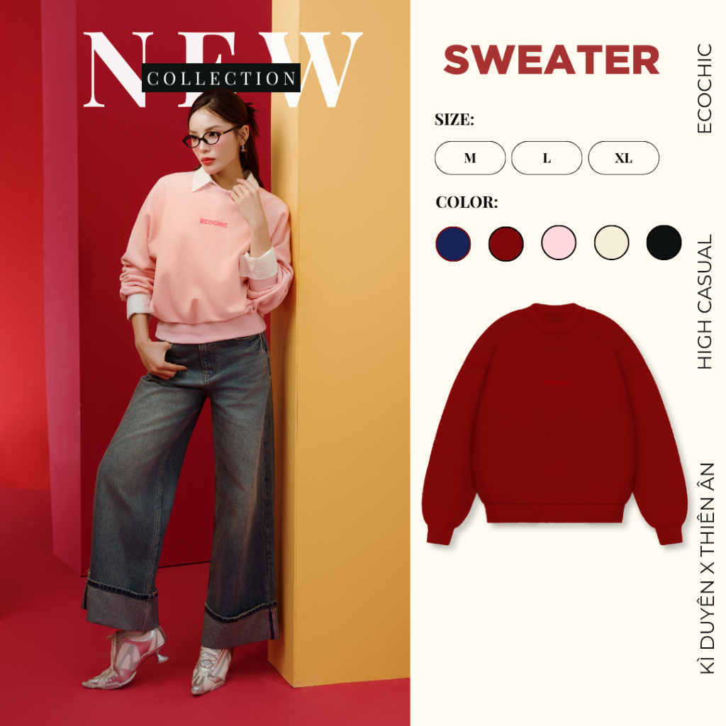 Áo Sweater Nỉ ECOCHIC Basic Cổ Tròn Logo Ngực Chất Liệu Cao Cấp Mềm Mịn Chính Hãng B192