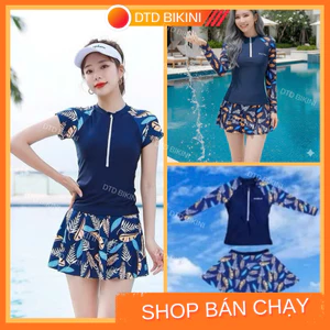 BIKIBI DTD Đồ bơi hai mảnh kèm váy thiết kế hoạ tiết lá phối xanh than,co giãn,che khuyết điểm