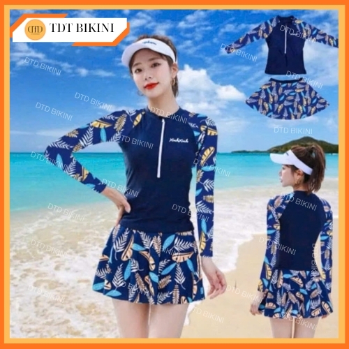BIKIBI DTD Đồ bơi hai mảnh kèm váy thiết kế hoạ tiết lá phối xanh than,co giãn,che khuyết điểm