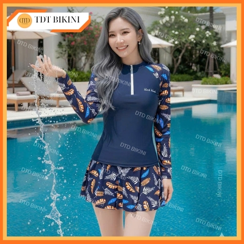 BIKIBI DTD Đồ bơi hai mảnh kèm váy thiết kế hoạ tiết lá phối xanh than,co giãn,che khuyết điểm