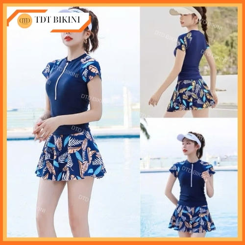 BIKIBI DTD Đồ bơi hai mảnh kèm váy thiết kế hoạ tiết lá phối xanh than,co giãn,che khuyết điểm