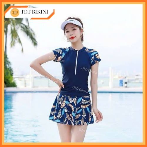 BIKIBI DTD Đồ bơi hai mảnh kèm váy thiết kế hoạ tiết lá phối xanh than,co giãn,che khuyết điểm