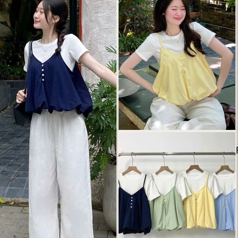 Set Yếm Nữ 2 Dây Dáng Bí Cúc Dọc Kèm Áo Thun Trơn (Có Bán Lẻ Yếm)  MA3807