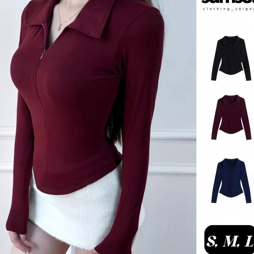 (DEAL MỞ BÁN) Áo Thun Nữ Cổ Bẻ Tay Dài Phối Dây Kéo Ôm Dáng Vạt Bầu Vải Cotton Mịn