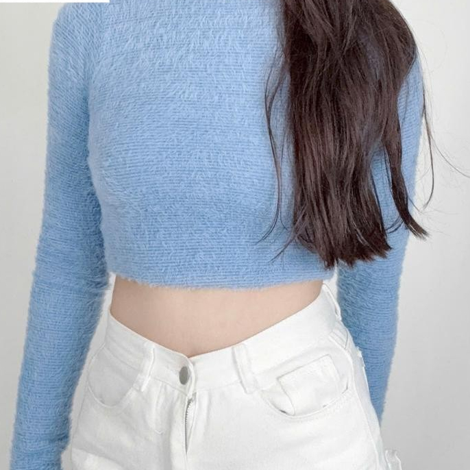 Áo Kiểu Croptop Cổ Tròn Lông Tay Dài, Áo Lông Ôm Body Có Độ Co Giãn Mềm Mịn_A417 Nữ Women Women