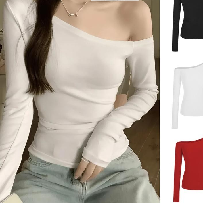 Áo Lệch Vai Kiểu Dài Tay Ôm Body Quyến Rũ Chất Thun Borip Mềm Mịn Cho Nữ_A405 Women Top
