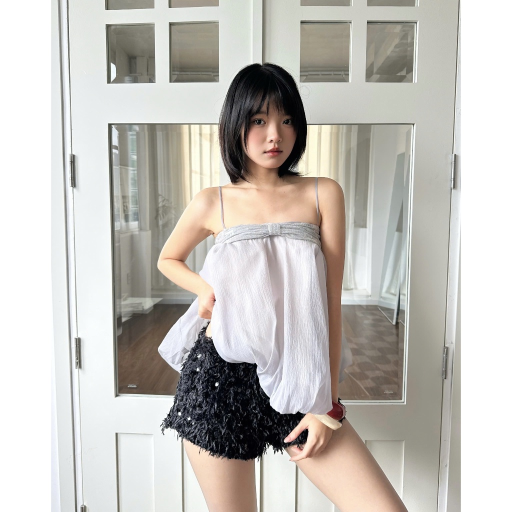 Áo Kiểu Nữ ISENMIE TOP Form Bí Xoè Phối Nơ Kim Tuyến Đáng Yêu SECODEE