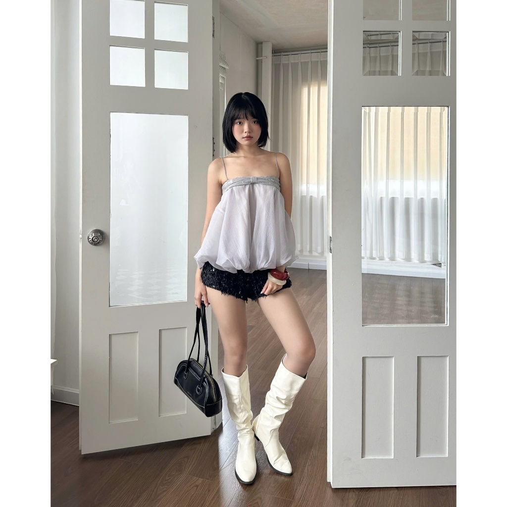 Áo Kiểu Nữ ISENMIE TOP Form Bí Xoè Phối Nơ Kim Tuyến Đáng Yêu SECODEE