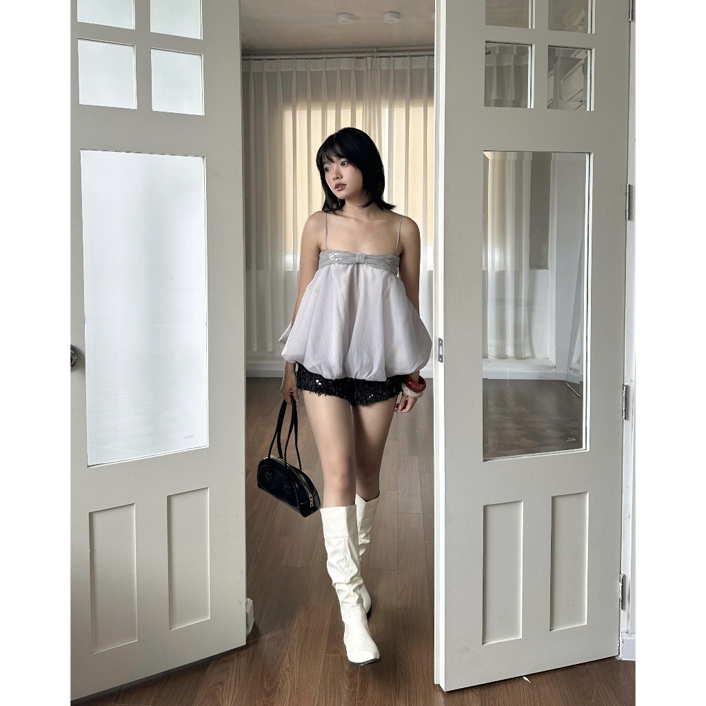 Áo Kiểu Nữ ISENMIE TOP Form Bí Xoè Phối Nơ Kim Tuyến Đáng Yêu SECODEE