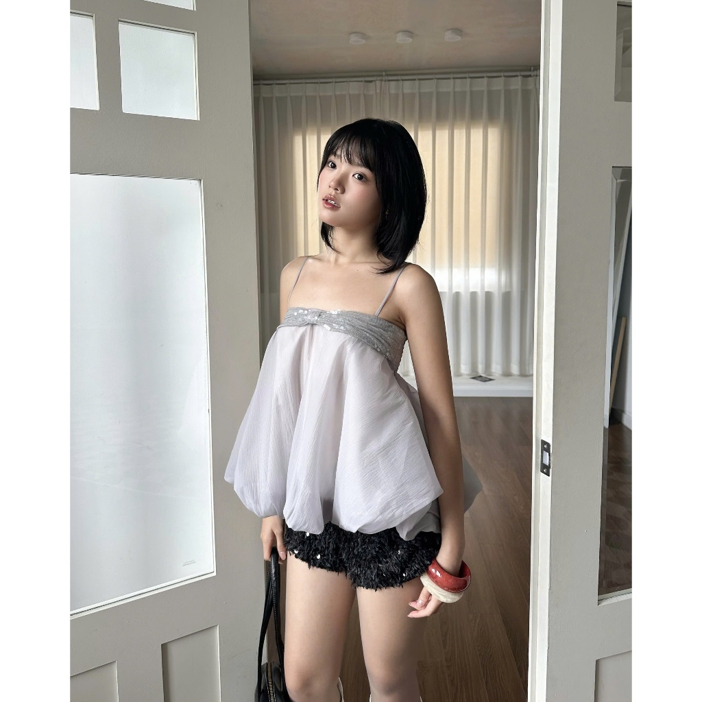 Áo Kiểu Nữ ISENMIE TOP Form Bí Xoè Phối Nơ Kim Tuyến Đáng Yêu SECODEE