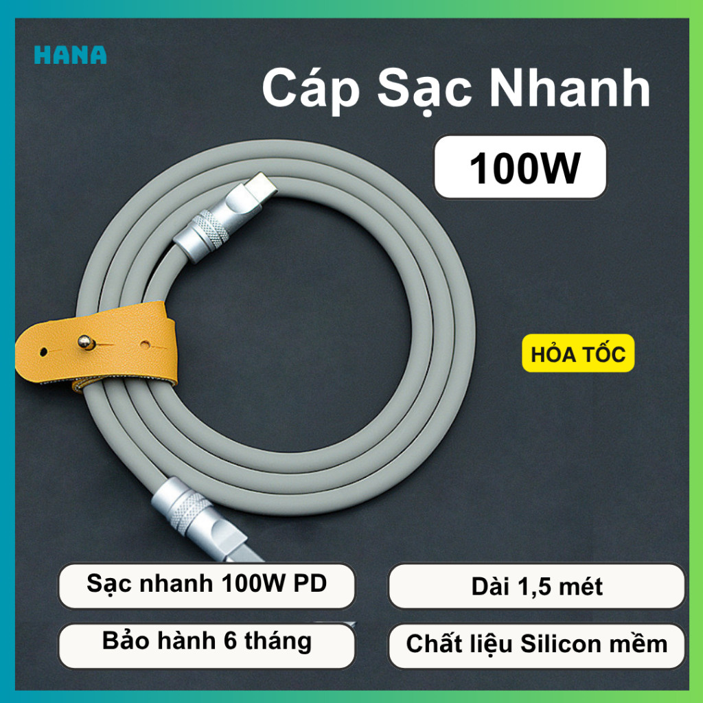 Dây cáp sạc nhanh Type C - Công suất PD 100W - Chất liệu silicon mềm - Dài 1.5 mét