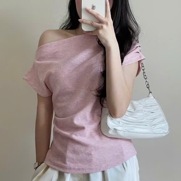 Áo body Nữ Thắt eo cộc tay, Áo trễ vai nữ Phong Cách Hàn Quốc Vạt Xéo Nhọn Top Nữ